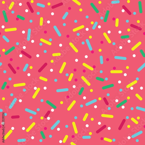 Donut glaze seamless pattern. Cream texture with topping of colorful sprinkles and beads on pink background. Food bakery decoration. Vector eps8 illustration.