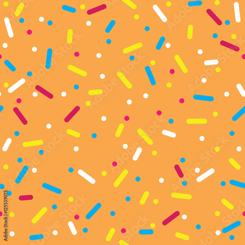 Donut glaze seamless pattern. Cream texture with topping of colorful sprinkles and beads on orange background. Food bakery decoration. Vector eps8 illustration.