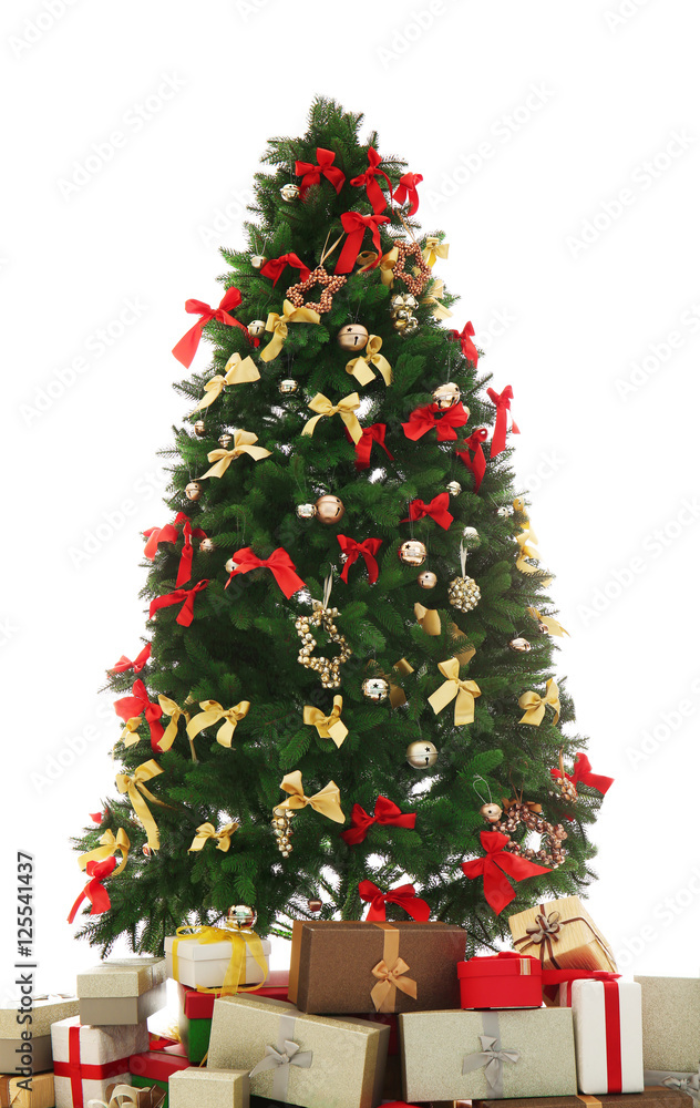 Decorated Christmas tree with presents isolated on white