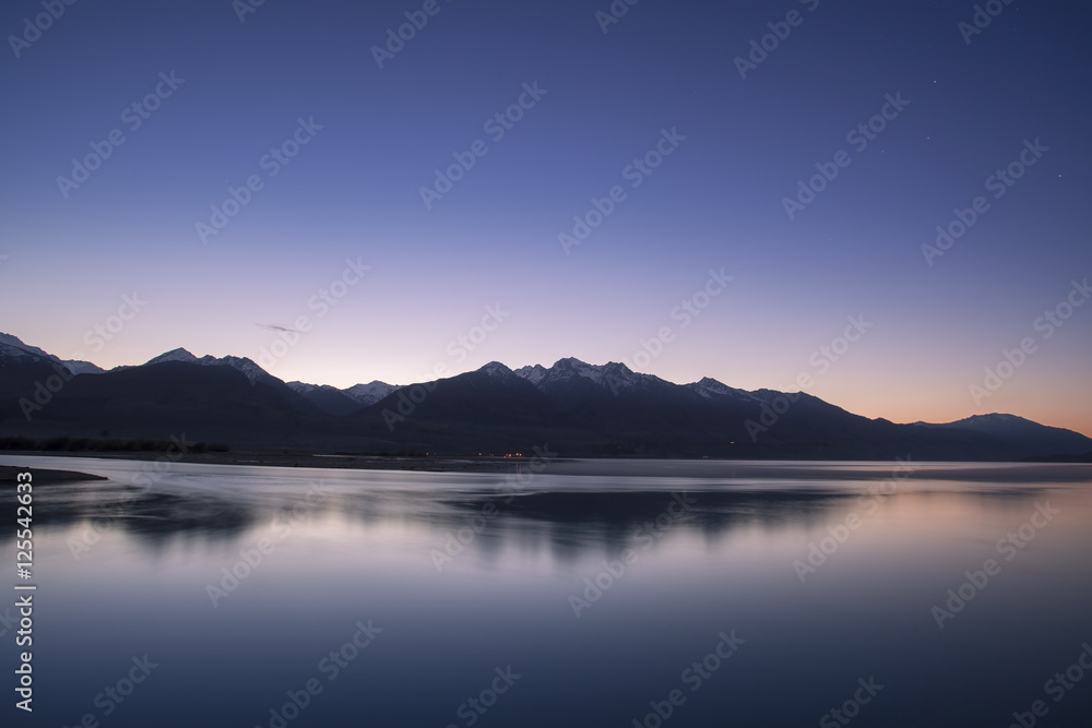 Morning twilight and mountain peak in New Zealand