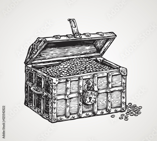 Opened wooden chest with treasures. Vintage sketch vector illustration