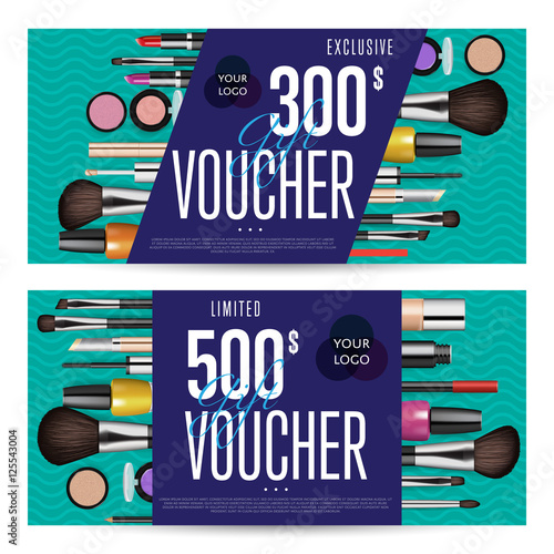 Cosmetics gift voucher template. Gift coupon with fashion makeup accessories and prepaid sum. Makeup brush, powder, lipstick, pencil, polish vectors. Special exclusive offer for cosmetics product sale