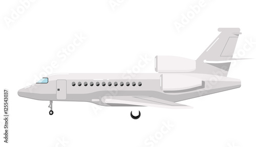 Side view of airplane isolated on white background vector illustration. Business aircraft. Passenger and freight transportation. Aircraft jet aviation. Modern airliner. Flat design style.