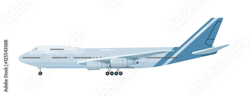 Side view of airplane isolated on white background vector illustration. Business aircraft. Passenger and freight transportation. Aircraft jet aviation. Modern airliner. Flat design style.