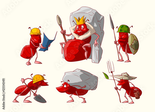 Colorful vector illustrations of cartoon ants, anthill colony queen, soldiers workers and farmers