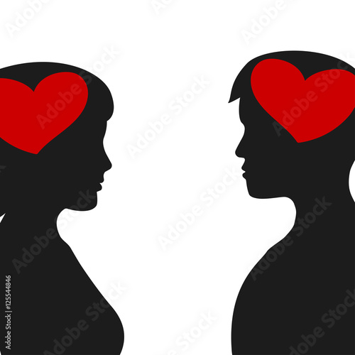 silhouettes of man and woman with hearts in heads