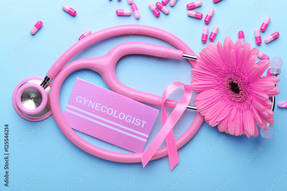 Business card with word GYNECOLOGIST, ribbon and stethoscope on blue  background Stock Photo | Adobe Stock