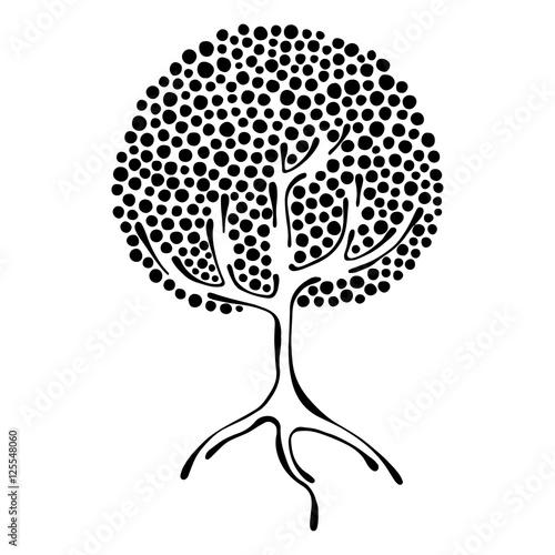 Vector hand drawn illustration, decorative ornamental stylized tree. Black and white graphic illustration isolated on the white background. Inc drawing silhouette. Decorative artistic ornamental wood