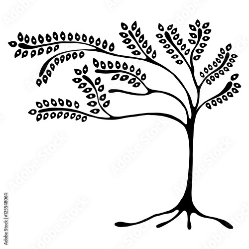 Vector hand drawn illustration, decorative ornamental stylized tree. Black and white graphic illustration isolated on the white background. Inc drawing silhouette. Decorative artistic ornamental wood