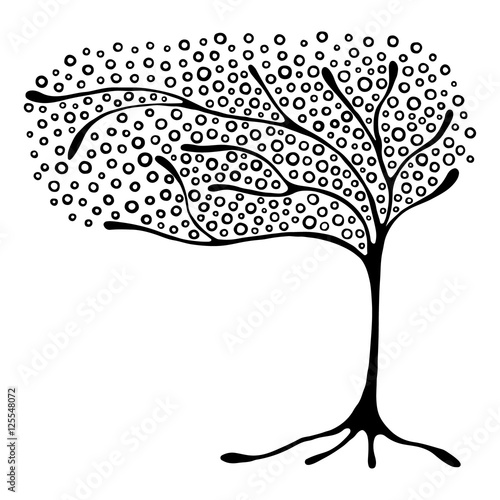 Vector hand drawn illustration, decorative ornamental stylized tree. Black and white graphic illustration isolated on the white background. Inc drawing silhouette. Decorative artistic ornamental wood