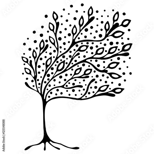 Vector hand drawn illustration, decorative ornamental stylized tree. Black and white graphic illustration isolated on the white background. Inc drawing silhouette. Decorative artistic ornamental wood
