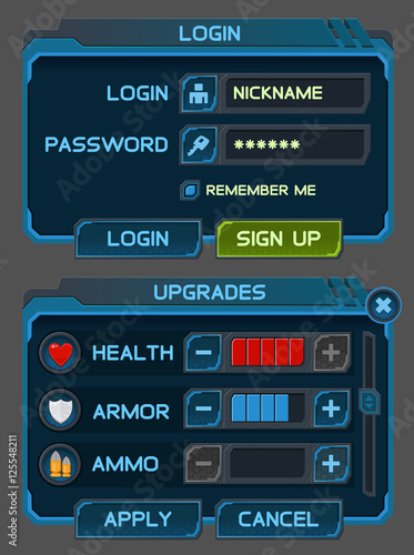 Interface buttons set for space games or apps