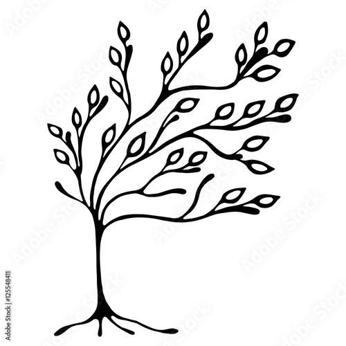Vector hand drawn illustration, decorative ornamental stylized tree. Black and white graphic illustration isolated on the white background. Inc drawing silhouette. Decorative artistic ornamental wood