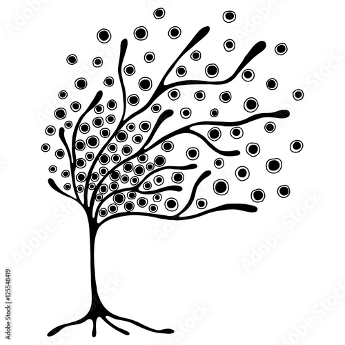 Vector hand drawn illustration, decorative ornamental stylized tree. Black and white graphic illustration isolated on the white background. Inc drawing silhouette. Decorative artistic ornamental wood