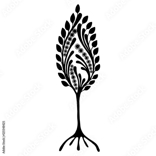Vector hand drawn illustration, decorative ornamental stylized tree. Black and white graphic illustration isolated on the white background. Inc drawing silhouette. Decorative artistic ornamental wood