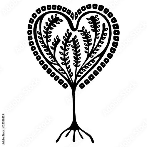 Vector hand drawn illustration, decorative ornamental stylized tree. Black and white graphic illustration isolated on the white background. Inc drawing silhouette. Decorative artistic ornamental wood