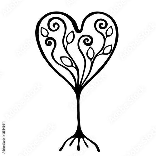 Vector hand drawn illustration, decorative ornamental stylized tree. Black and white graphic illustration isolated on the white background. Inc drawing silhouette. Decorative artistic ornamental wood