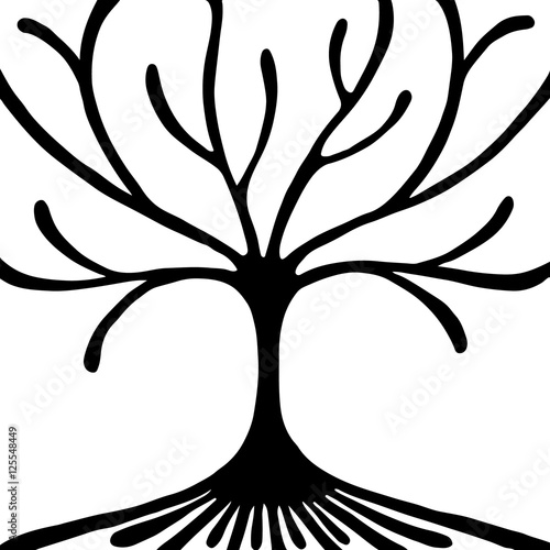 Vector hand drawn illustration, decorative ornamental stylized tree. Black and white graphic illustration isolated on the white background. Inc drawing silhouette. Decorative artistic ornamental wood