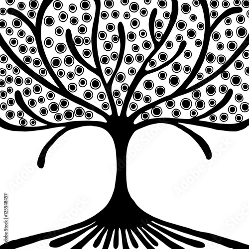 Vector hand drawn illustration, decorative ornamental stylized tree. Black and white graphic illustration isolated on the white background. Inc drawing silhouette. Decorative artistic ornamental wood
