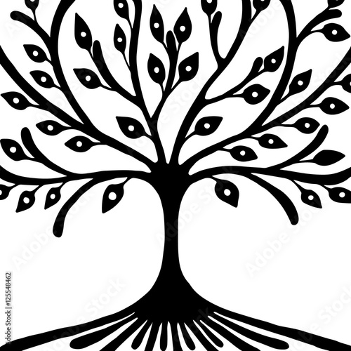 Vector hand drawn illustration, decorative ornamental stylized tree. Black and white graphic illustration isolated on the white background. Inc drawing silhouette. Decorative artistic ornamental wood