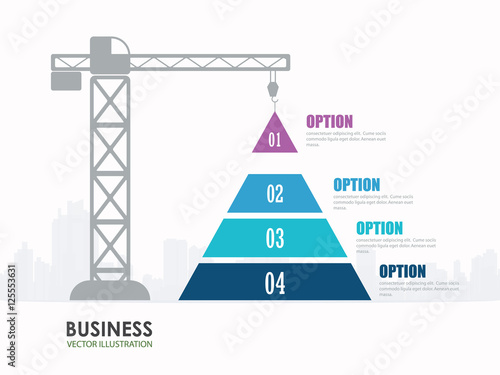 Pyramid chart options construction infographics. Structure and city, build tower crane, vector illustration