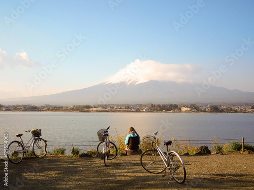 The bicycle on the lake side of kawaguchiko lake