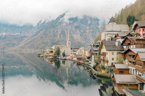 Panoramic view of Hallstatt and traditional austrian wood village with UNESCO world culture heritage site, Austria