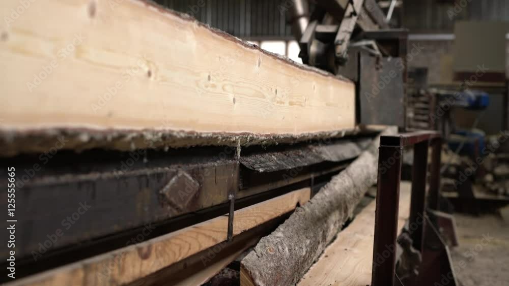 Timber mill. View of log moves with cut to camera Timber mill. View of log moves with cut to camera
