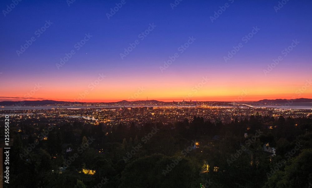 Panorama Night View of San Francisco Bay, East Bay, Oakland