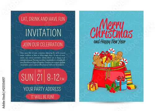 Invitation on Christmas party with date and time. Large Santasack with gifts, sweets, sock, holly, toys cartoon vector. Merry Christmas and happy New Year greetings. Xmas holiday fun celebrating