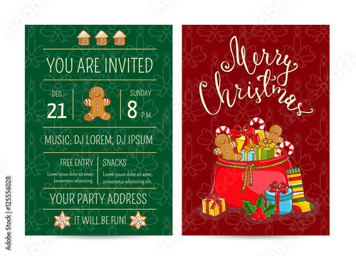 Invitation on Christmas party with date and time. Large Santasack with gifts, sweets, sock, holly, gingerbread cookies cartoon vector. Merry Christmas and happy New Year greetings. Xmas celebrating