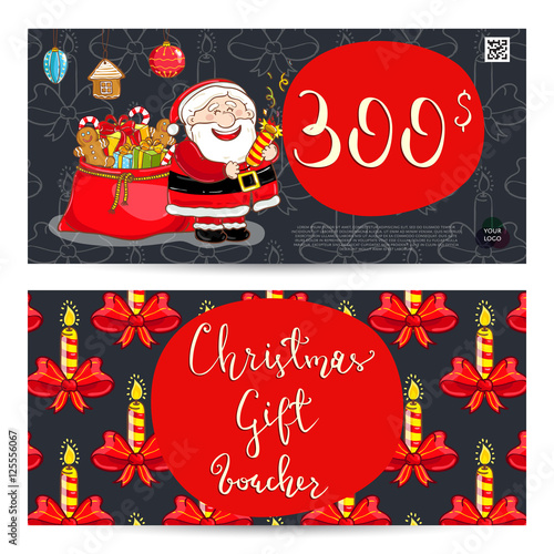 Christmas gift voucher template. Gift coupon with Xmas attributes and prepaid sum. Santa, gifts, christmas tree, gingerbread cookie cartoon vectors. Merry Christmas and Happy New Year greeting card