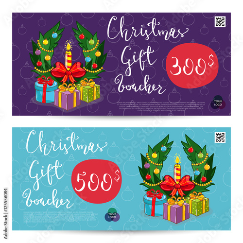 Christmas gift voucher template. Gift coupon with Xmas attributes and prepaid sum. Wrapped gifts, christmas tree toys cartoon vectors. Merry Christmas and Happy New Year greeting card