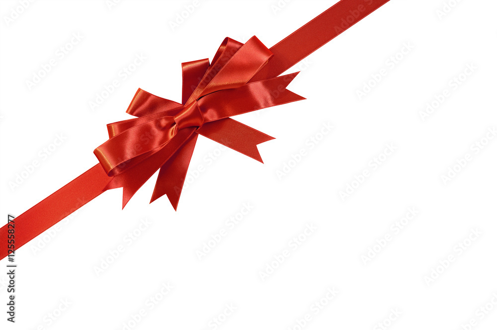 Red bow gift ribbon corner diagonal isolated on white background for birthday or christmas present decoration design photo Red bow gift ribbon corner diagonal isolated on white background for birthday or christmas present decoration design photo