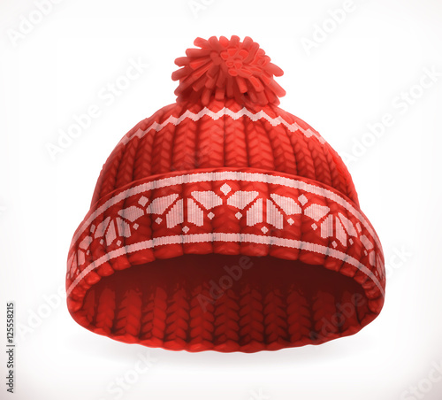Red winter knitted hat. 3d vector icon