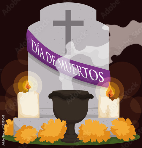 Grave with Flowers, Candle and Incense for "Dia de Muertos", Vector Illustration