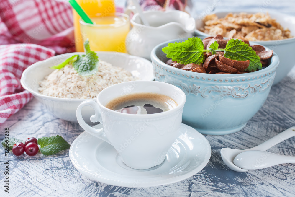 coffee and grain flakes on a table, selective focus coffee and grain flakes on a table, selective focus