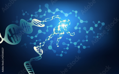 scientific background; abstract science backdrop; human DNA running away; technology of mutation; bioengineering in blue theme; wireframe man running photo