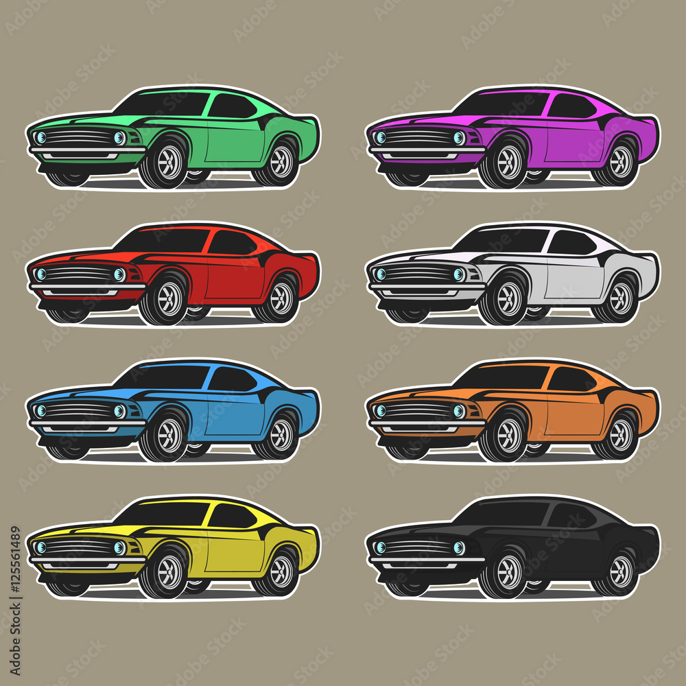 Set of cars in playful drawing style. Different colors