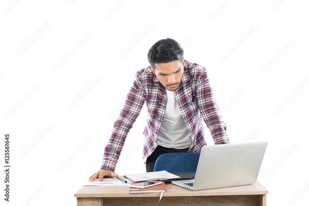 Young businessman working with his laptop isolated on white back Young businessman working with his laptop isolated on white back