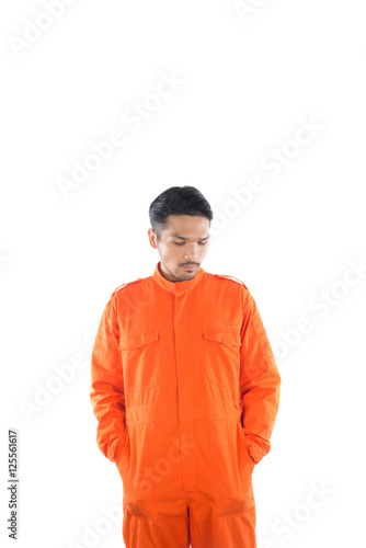 Prisoner man isolated on white background.