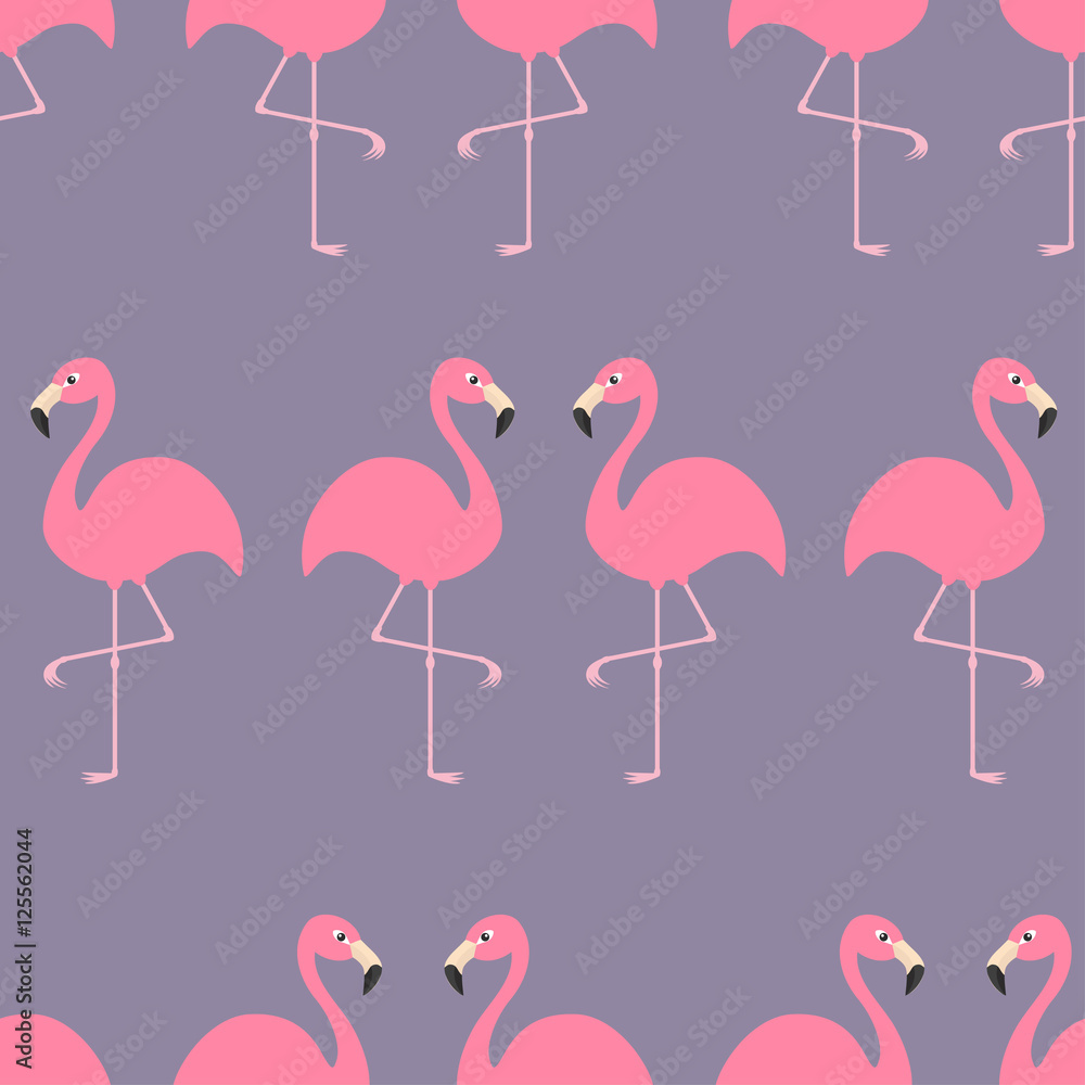 Fototapeta premium Flamingo Seamless Pattern Exotic tropical bird. Zoo animal collection. Cute cartoon character. Decoration element. Violet background. Flat design.