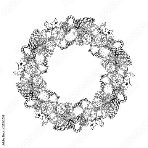 hand drawn ink Christmas wreath with bow, bump, tangerine, fir branches, snowflakes, Christmas decorations. design for adults, poster, print. sketch. vector eps 8