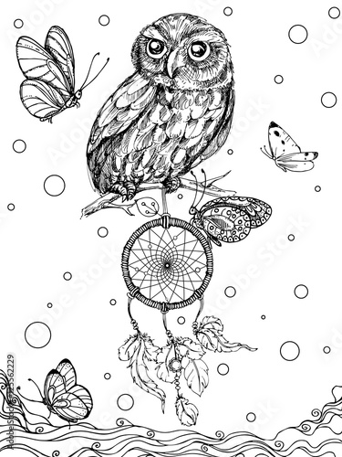 hand drawn ink doodle owl, feathers, circles, dream catcher, butterfly on white background. design for adults. sketch. vector eps 8.