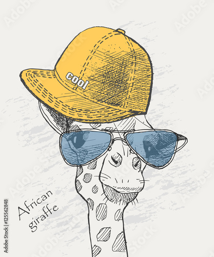 cool giraffe in the rapper cap and sunglasses