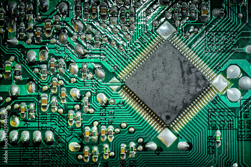 Close up of a printed green computer circuit board. electronics and IT manufacturing and business background photo