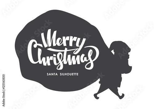 Vector illustration: Silhouette of Santa Claus carries a heavy sack  full of gifts on white background.