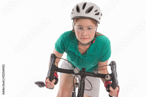  Woman riding her bike on white background.