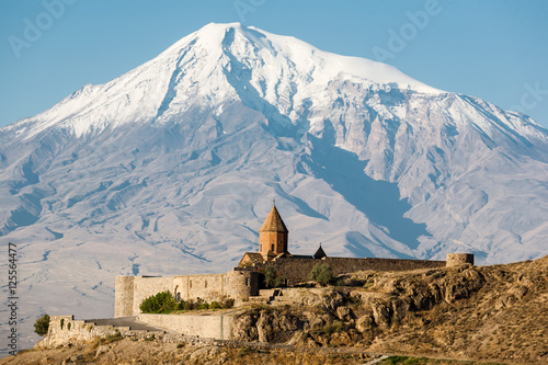 Ancient Armenian church Khor Virap with Ararat on the background photo