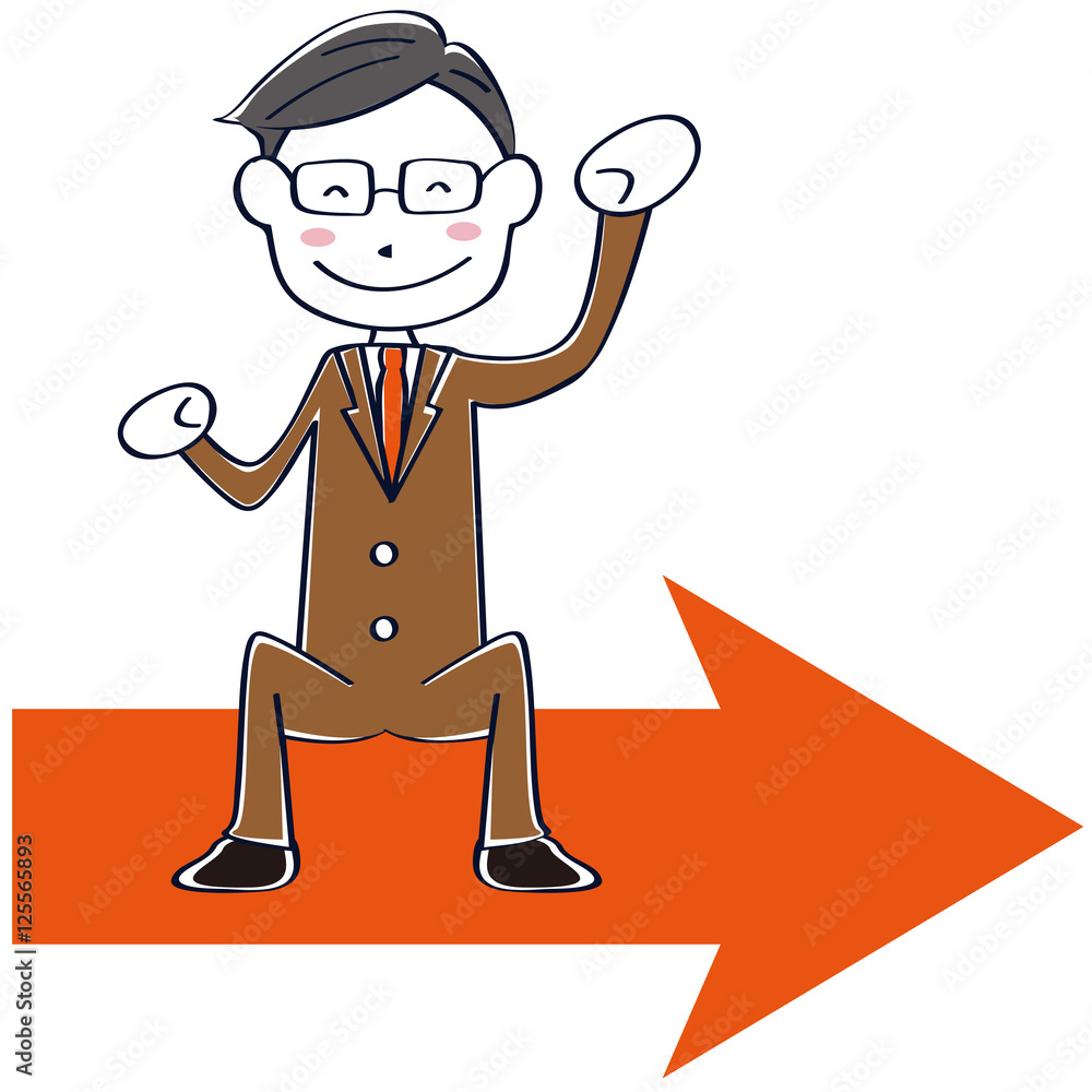 線画 茶色のスーツの男性 上半身 おじさん 矢印にのる ガッツポーズ Stock Vector Adobe Stock